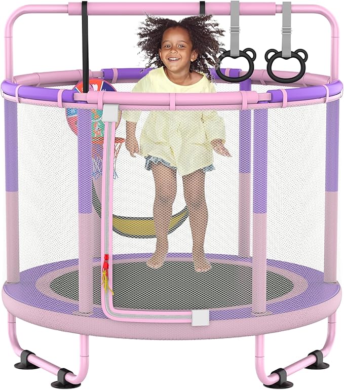 LANGXUN 60" Trampoline for Kids, 5ft Toddler Mini 6-in-1 Trampoline Indoor Outdoor with Swing, Basketball Hoop, Dart Board, Rings, Christmas Toys Birthday Gifts for Girls Boys