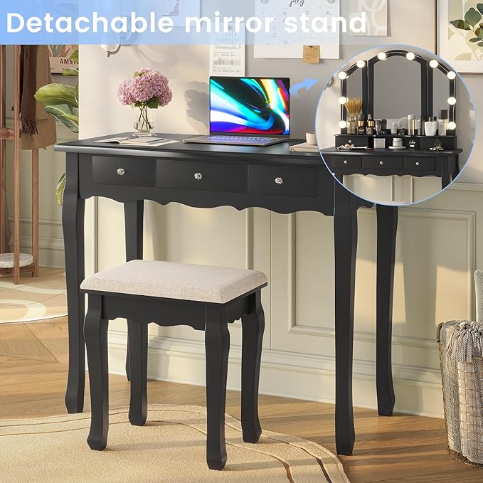 Tiptiper Vanity Desk, Makeup Vanity with Lighted Tri-fold Mirror and Stool, Vanity Set with 5 Drawers, 3 Light Settings & Adjustable Brightness, Black