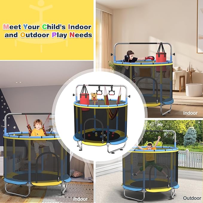 60" Trampoline for Kids, 500lbs Capacit Indoor Outdoor Toddler Trampoline with Adjustable Gymnastics Bar, Gifts for Boy Girl Age 1-8