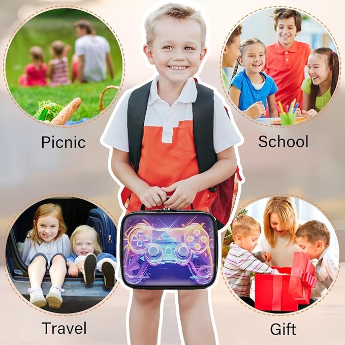 Gamer Lunch Box for Boys,Leather Boys Lunch Bag for Kids,Gamer Gifts for Kids,Insulated Video Game Lunchbox,Reusable Portable Lunchbox for School Travel Picnic Hiking Beach