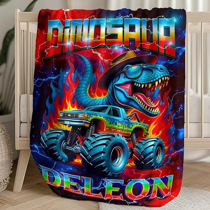 Custom Truck Blanket with Name Personalized Dinosaur Throw Blanket for Boys Cars Lovers Gifts for Couch Sofa Bed Decor(Boy-04)