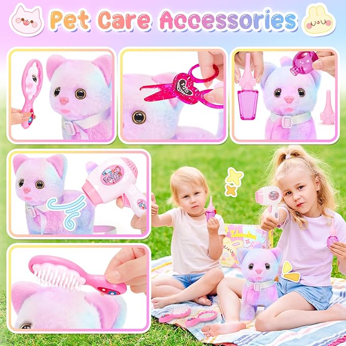 Plush Interactive Cat Toys for Kids with Tote Bags, Stuffed Robot Pet Kitten with Leash Walking Meow Pretend Play, Realistic Cute Stuff Fidget Toys for Toddler Stocking Stuffers Birthday Gifts