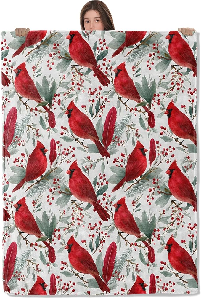 Cardinal Blanket,Elegant Red Bird on Berry Branch Design Fleece Blankets,Soft Decorative Throw for Couch,Bedroom,Travel,Camping,Practical Throws Gifts for Women Teens Nature Lovers,40X50 Inch