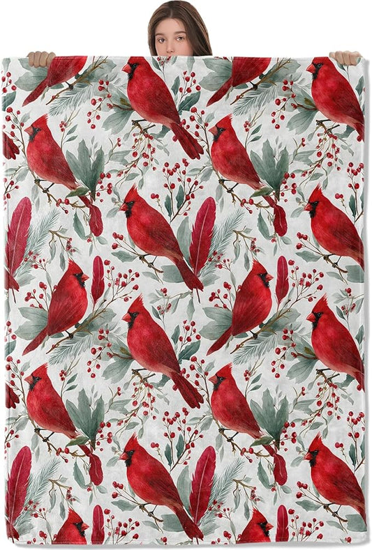 Cardinal Blanket,Elegant Red Bird on Berry Branch Design Fleece Blankets,Soft Decorative Throw for Couch,Bedroom,Travel,Camping,Practical Throws Gifts for Women Teens Nature Lovers,50X60 Inch