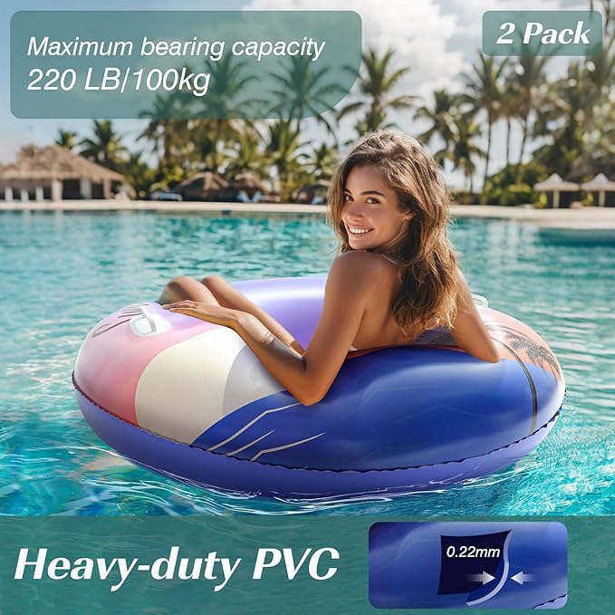 HeySplash Pool Tubes for Adult, 2 Packs 42 Inch Large Floats Tube Rafts with Handles, Inflatable Swimming Ring Lounge, Hawaii Fun Swim Floaties River Pool Beach Lake Party Decoration, Purple Sunset