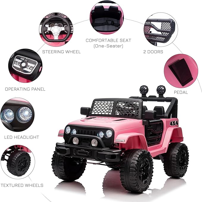 Aosom 12V Kids Ride On Truck with Parent Remote Control, Battery Powered Electric Car with Spring Suspension, Adjustable Speed, LED Lights and Horn, Pink