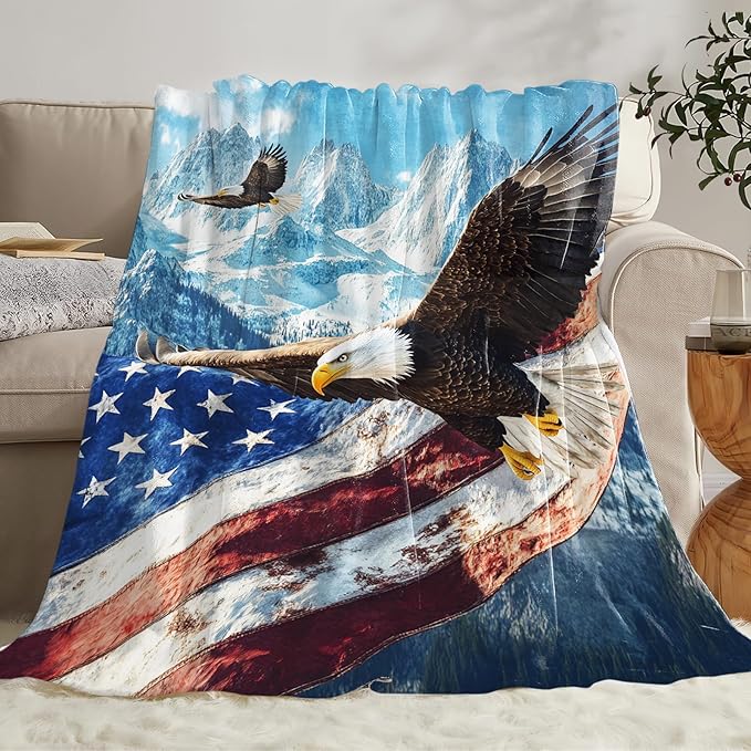 Eagle American Flag Blanket, Bald Eagle Throw Blanket, Soft Cozy Stuff Fleece Blankets Gifts for Mens Boys Couch Sofa Bed 50" x 40"