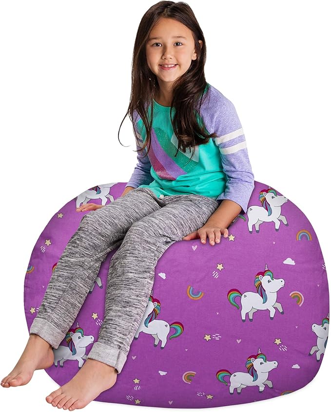 Posh Creations Kids Stuffed Animal Storage Bean Bag Chair Cover - Childrens Toy Organizer, Large-38in, Canvas Unicorn and Rainbows on Purple