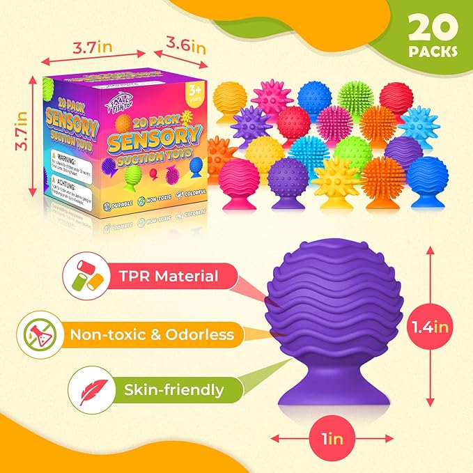 Sensory Fidget Toys Kids Adults ：20 Pack Textured Suction Cup Sensory Toys for Kids with Autism- Bulk Fidgets for Students Classroom Prize-Squishy Bath Calm Down Corner Supplies for Boys Girls Gifts