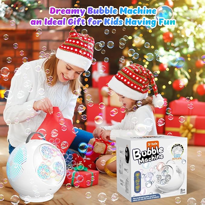 Bubble Machine for Kids Toddlers,45°/360° Auto Rotatable Spherical Bubble Maker Toy with LED Light,Rechargeable Bubble Blower for 3 4 5 Year Old,Wedding Party Easter Birthday Gifts (Spherical White)