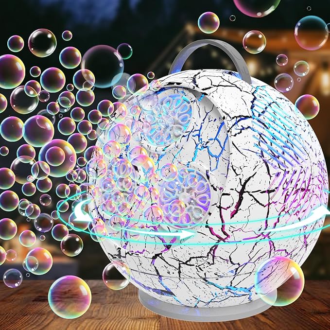 Bubble Machine for Kids Toddlers,45°/360° Rotatable Spherical Bubble Maker Toy with LED Light,Rechargeable Bubble Blower for 3 4 5 Year Old,Wedding Party Easter Birthday Gifts -Spherical White Crack