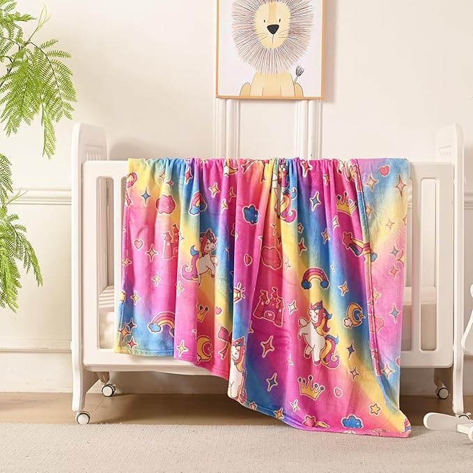 Lotus Karen Unicorn Glow in The Dark Blanket Unicorn Toys Girl Gifts for 1 2 3 4 5 6 7 8 9 10 11 12 Year Old Kids Blanket with Stars Cloud Crown Bow Birthday Halloween Room Decor（Rainbow 50"×60"