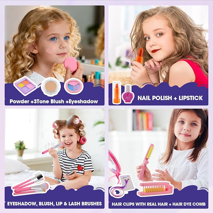 21 Pcs Kids Makeup Kit for Girls with Oversized Fluffy Unicorn Travel Makeup Organizer, Washable Pretend Cosmetic Play Set with Portable Vanity Makeup Bag, Princess Make Up Gifts for Girls Ages 3–12