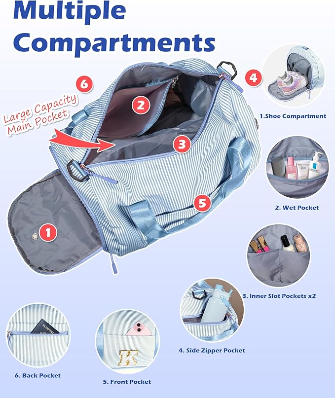 Birthday Gift for Grandkids, Girls Travel Duffle Bag, Kids Initial Overnight Bags with Shoe Compartment, Customized Weekender Bag with Makeup Pouch, Cute Present for Tween (Letter D)