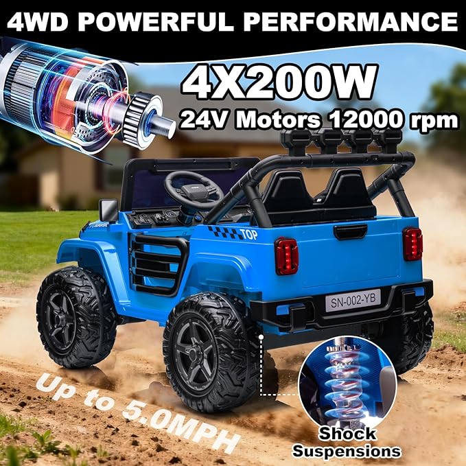 NEWQIDA 24V Ride on Toys for Big Kids Battery Powered Electric Vehicles 2 Seater Electric Car with Remote Control 4x4 Ride on Truck Car for Kids Toddlers, EVA Tires, Spring Suspension, Music, Blue
