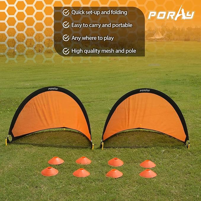 Poray Soccer Goal for Kid Easy-up Set of Two Portable Soccer Net 210D Oxford with 8 Field Marker Cones Extra Stakes Fun for Backyard and Soccer Training