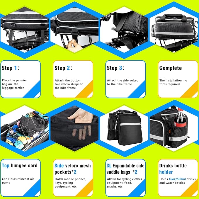 Desing Wish 16L Bike Bags for Bicycle Rear Rack Large Capacity Insulated Bicycle Rack Pouch Ebike Pannier Bag Bike Saddle Seat Pouch for Cycling Trip/Commuter (Black)