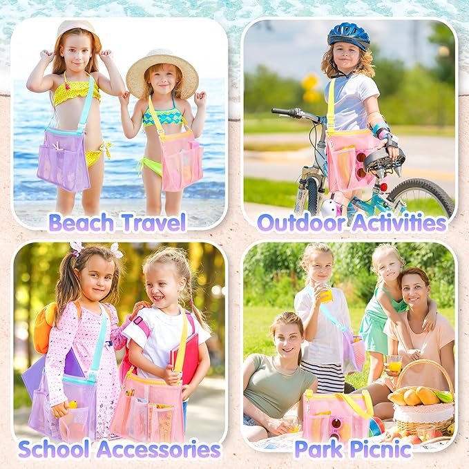 Tagitary Beach Toys Mesh Beach Bags with Zipper, Kids Pool Sand Toys Seashell Crossbody for Boys and Girls Summer Vacation Essentials