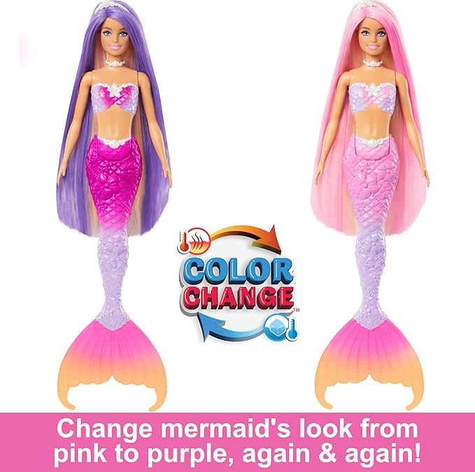 Barbie Mermaid Doll, “Malibu” with Pink Hair, Styling Accessories, Pet Dolphin and Water-Activated Color Change Feature (Amazon Exclusive)