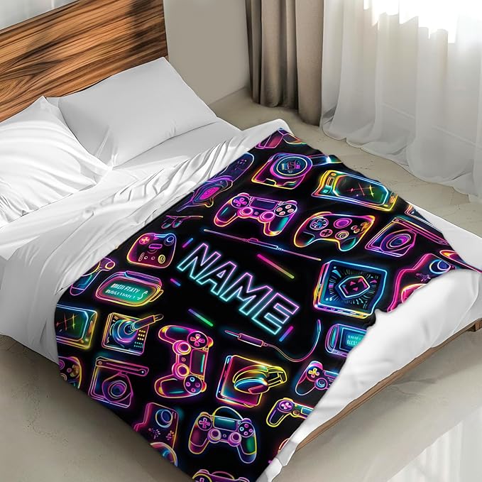 Personalized Blanket for Boys - 60x50 Inches Throw Size Game Blanket for Teens, Adults, Men - Cozy Comfort Video Gamepad Throws for Bed, Couch - Gamer Accessories Gift Ideas for Boys Room Decor