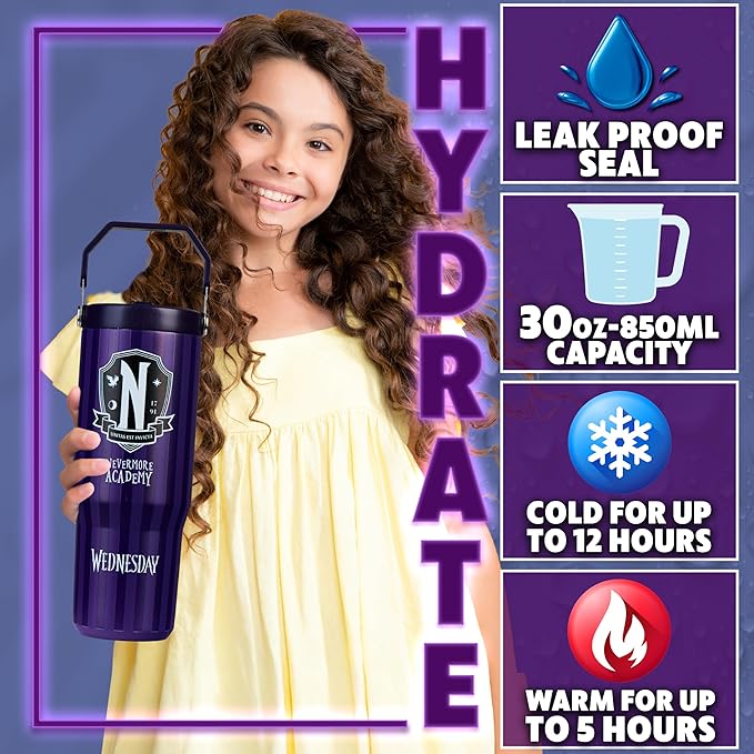 Get Trend Wednesday Tumbler with Straw 30oz Girls Teens Insulated Cup with Lid Handle Travel Mug Cups with Lids for School Sports Gifts for Girls (Purple Wednesday)