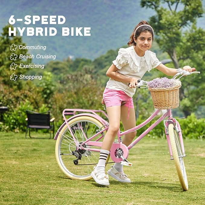 Glerc 20 24 26 Inch Beach Cruiser Bike, 6-Speed Hybrid City Bicycle for Girls Youth and Over 6 Years Old, Missy Bike with Wicker Basket & Lightweight, Multiple Colors