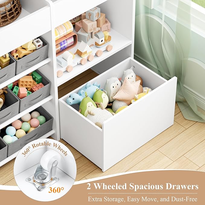 62.2 inches Toy Storage Organizer and Kids Bookshelf, Toy Organizer with 2 Movable Drawers and 9 Box Bins, 4 Tier Toddler Bookshelf for Book Storage and Display