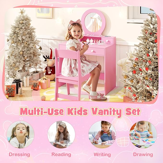 HONEY JOY Kids Vanity, Little Girls Vanity Set with Mirror and Stool, Drawers, Toddler Makeup Vanity Dressing Table, Wooden Pretend Play Kids Vanity Table and Chair Set (Pink)