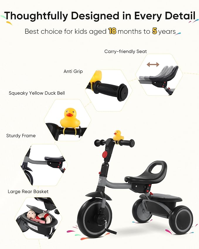 Toddler Tricycle for 18 Months to 5 Years, Foldable Tricycles for 3-5 Year Olds, Kids Tricycle with Adjustable Carry-Friendly Ergonomic Seat and Covered Large Basket, Grey