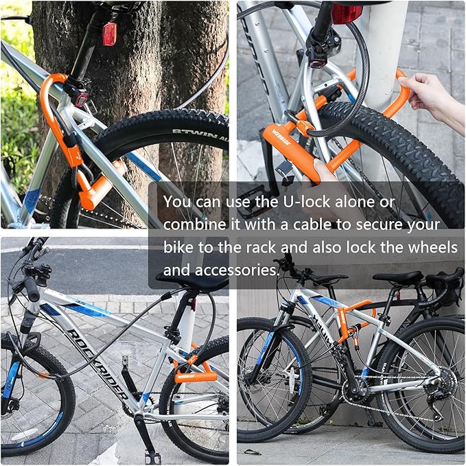 Bike Lock - Heavy Duty Anti Theft Bike U Lock with 5ft Security Steel Cable - 17mm Shackle Bicycle U-Locks with Keys & Sturdy Mounting Bracket for Road, Mountain, Electric Bike