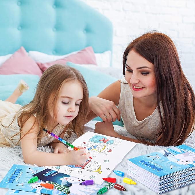 BenLouis 12 Winter Mini Coloring Books Kids with 12 Stacking Crayons Polar Animals Party Favors Small Activity Books Bulk for Kids Winter Holiday Party Gift Goodie Bag Stuffers