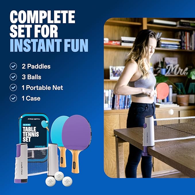 PRO-SPIN Portable Ping Pong Set with Retractable Ping Pong Net for Any Table, All-in-One Table Tennis Set with Ping Pong Paddles, Balls & Case, Table Top Family Game