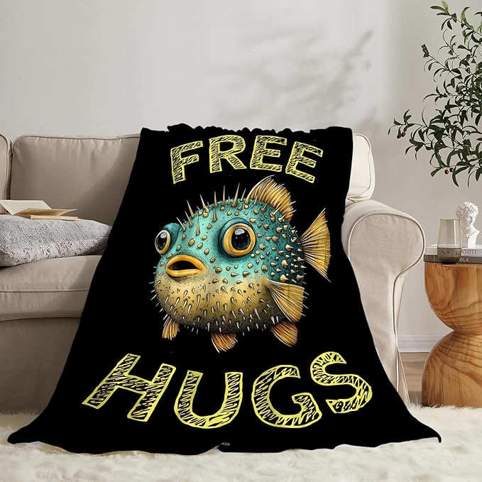 Puffer Fish Blanket Gifts for Girls Boys Soft Warm Plush Funny Puffer Fish Throw Blanket Flannel Fleece Fuzzy Cute Stuff Blanket for Bed Couch Living Room Decor 50"X40"