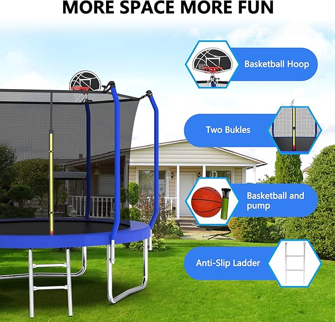 KEIKI Trampoline 8FT Trampolines with Enclosure Net, 960LBS Outdoor Trampolines for Kids with Basketball Hoop-ASTM Approved Trampoline for Children and Adults with Ladder