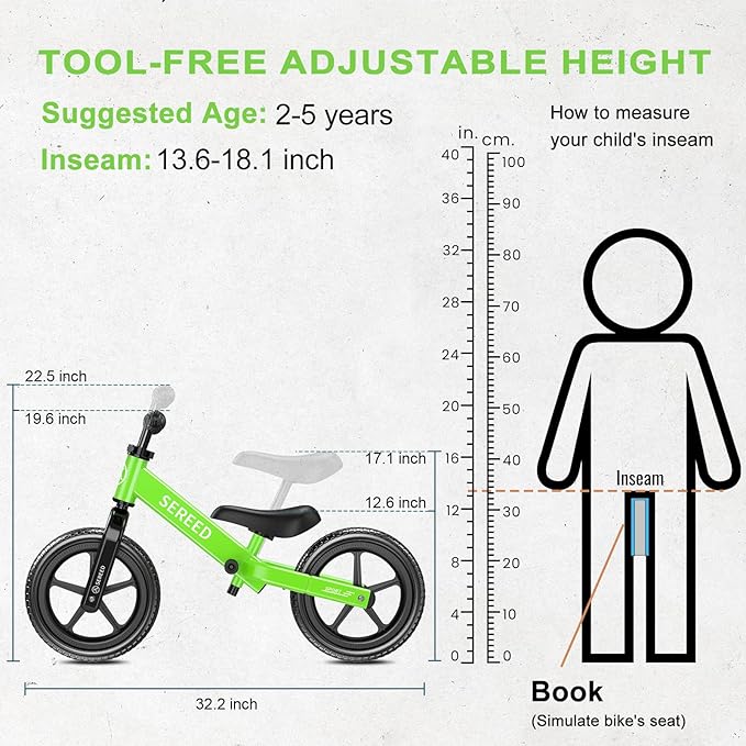 SEREED Toddler Balance Bike 2 Year Old, No Pedal Kids Toy Bike for 2-5 Years Old, Tool-Free Adjustment, Gift for 2-3 Boys Girls, Customize Plate with 3pcs Stickers (Green)