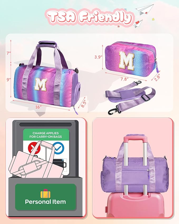 Cool Stuff for Teen-Girl Gym Bag with Shoe Compartment, Kid Personalized Weekender Ballet Bags, Initial Travel Tote with Makeup Pouch, Gift for 7 8 9 10 11 12 Year Old Girls (Letter S)