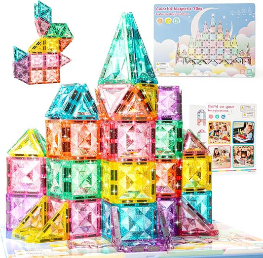 Large-Size Glitter Diamond Magnetic Tiles 60 Pcs Magnetic Block Set with Storage Box STEM Educational Sensory Toy Preschool Building Toy for Toddlers Christmas Kids Ages 2 3 4 5 6 7 8 9