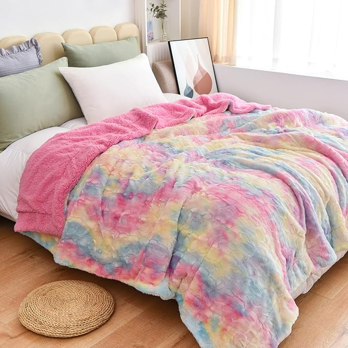 NEWCOSPLAY Super Soft Faux Fur Blanket Queen Size Light Rainbow Sherpa Fuzzy Plush Warm Blanket for Sofa Bed (Light Rainbow, Queen(90"x90"))