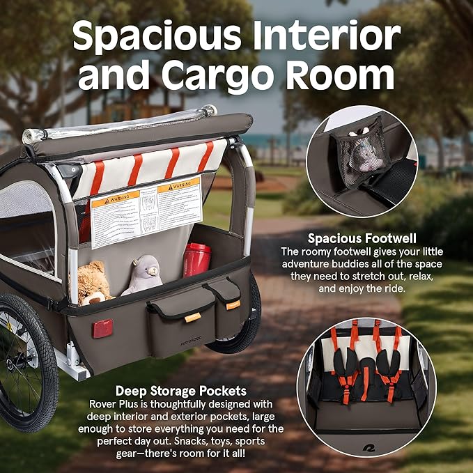 Retrospec Rover Plus Foldable Bike Trailer for Kids, Single/Double Passenger Child Bike Trailer with 5-Point Safety Harness, Reflective, Weather-Resistant Fabric and Safety Flag - Supports 40-80 lbs