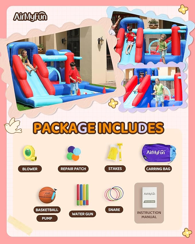 AirMyFun Bounce House,Bouncy Castle with Ball Pit,Inflatable Kids Double Slide with Air Blower, Castle Bouncer for Children Jumping Outdoor and Indoor Party
