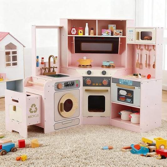 Costzon Corner Play Kitchen, Large Pretend Play Kitchen w/Real Light & Sound, Pull-Out Trash Can, Stoves, Microwave, Oven, Washer, Little Chef Wooden Kitchen Playset for Kids 3+ Years Old (Pink)