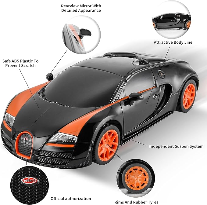 BEZGAR Bugatti Toy Car - Officially Licensed Bugatti Grand Sport Vitesse Remote Control Car,1:24 Scale Sport Racing Toy Car Model Vehicle for Kids, Adults, Girls and Boys (47000 Black)