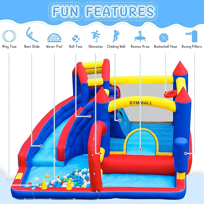 Bounce House Inflatable Bouncy House for Kids 3-12 Indoor & Outdoor, 9 in 1 Water Bounce House with Slide, Bouncer, Climbing Wall, Inflatable Bouncy Castle for Backyard, Party, Room