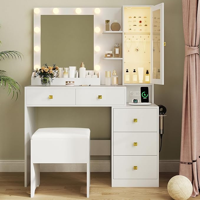 Vanity Desk with Mirror and Lights,Makeup Table with Charging Station & RGB Storage Cabinet,Large Drawer & Storage Shelves,5 Drawer,Bedroom Dressing Table, White
