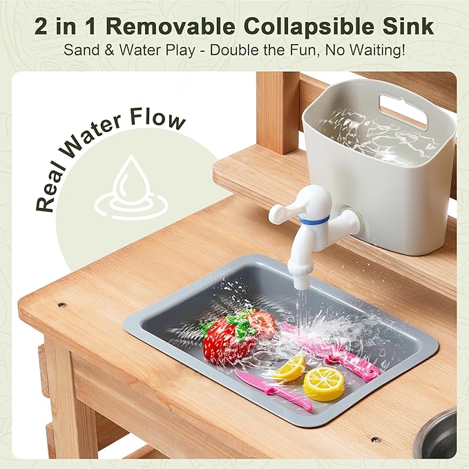 OLLIKIVI Outdoor Play Kitchen for Kids | Wooden Mud Kitchen Set with Removable Sink, Planting Area, Oven, Stove, Dual-Sided Chalkboard & Storage | Backyard Pretend Toy | Ages 3+