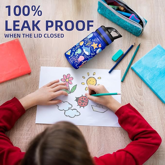 Fanhaw 14 Oz Kids Insulated Water Bottle with Straw - Stainless Steel Double Wall Vacuum Cup, Leakproof, BPA Free, Suitable for Boys and Girls(Black - Duck in Space)