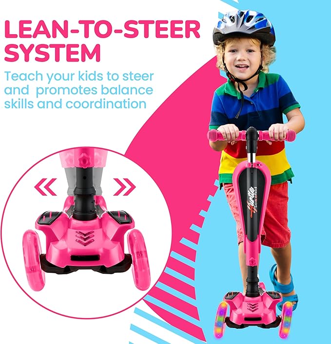 Hurtle 3-Wheeled Scooter for Kids - Wheel LED Lights, Adjustable Lean-to-Steer Handlebar, and Foldable Seat - Sit or Stand Ride with Brake for Boys and Girls Ages 1-14 Years Old