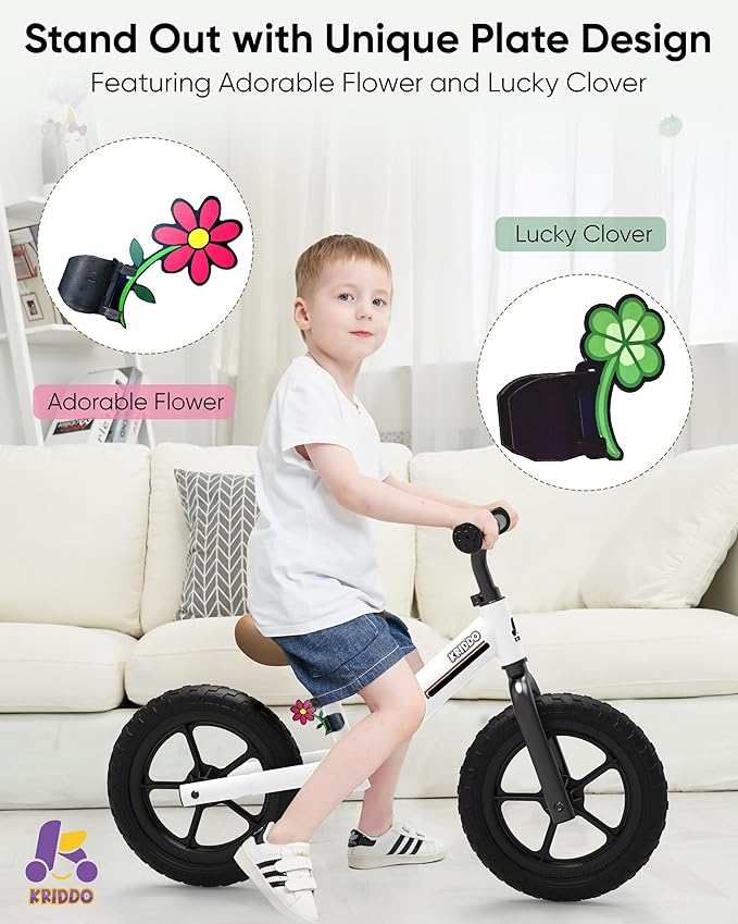 KRIDDO Toddler Balance Bike 2 Year Old, Kids Balance Bike for 2-5 Years Old, Dual Bearing for Smoother Riding, Adorable Plate, Adjustable Seat and Handlebar, Toddler Bike Gifts Age 2-3, White