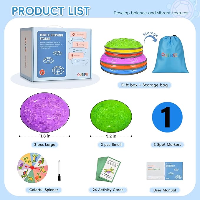 OUTREE Stepping Stones for Kids, 6 Pcs Balance Training and Sensory Coordination Turtle Stepping Stones for Obstacle Course，Non-Slip Bottom Balance Stones for Indoor or Outdoor Play