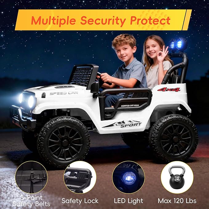 24V Electric Car for Kids Truck Car Ride On Car Kids Car Equipped with Bluetooth,Parental Remote Control,LED Lights,Double Open Doors,Wear Resistant Wheels -White